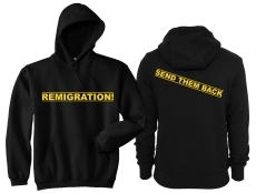 Frauen - Kapuzenpullover - Remigration - Motiv 2 - schwarz/gelb Frauen - Kapuzenpullover - Remigration - Motiv 2 - schwarz/gelb