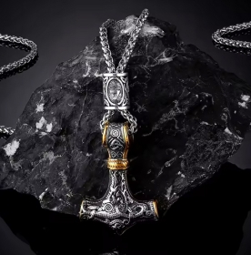 Halskette - Thors Hammer - mit Rune - silber/gold Optik Halskette - Thors Hammer - mit Rune - silber/gold Optik